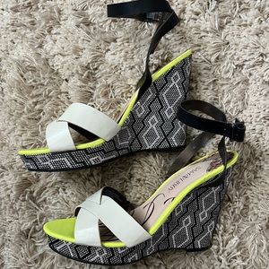 Size 11, wedge sandals with ankle strap, lime green/cream/black